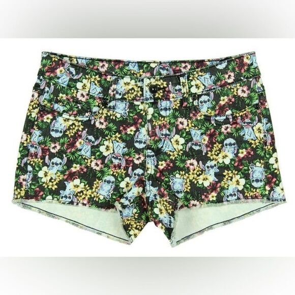 Disney Lilo & Stitch Colorful Tropical Floral Cutoff Denim Shorts Size 7 - Picture 1 of 13